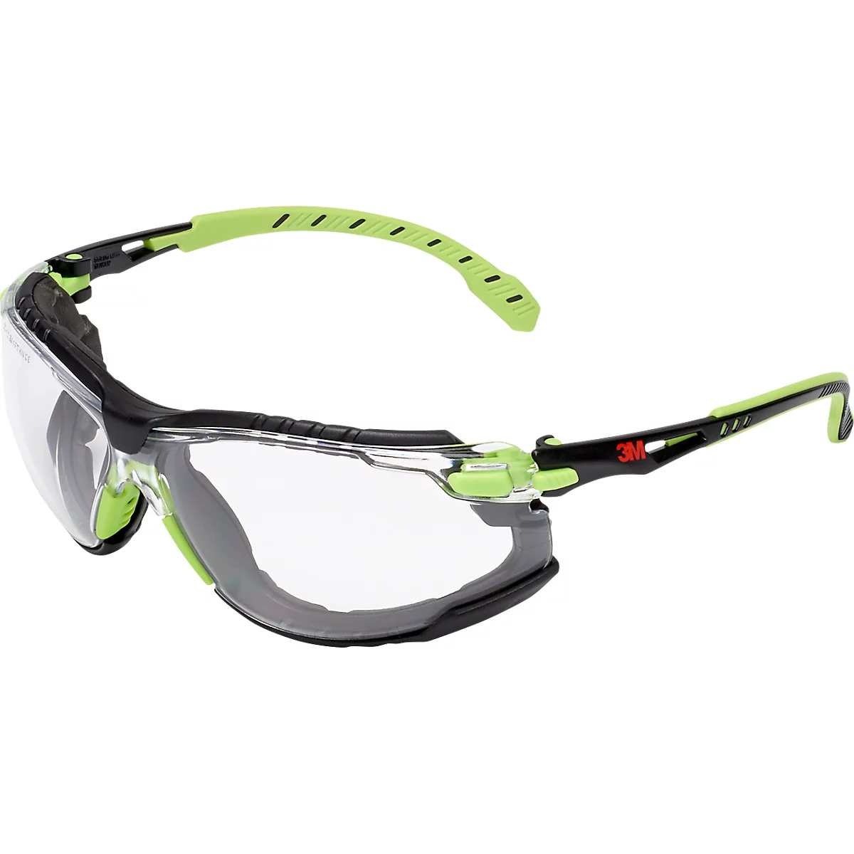 Schutzbrille, schwarz und grün, mit klaren Gläsern. Das Logo 3M ist sichtbar.