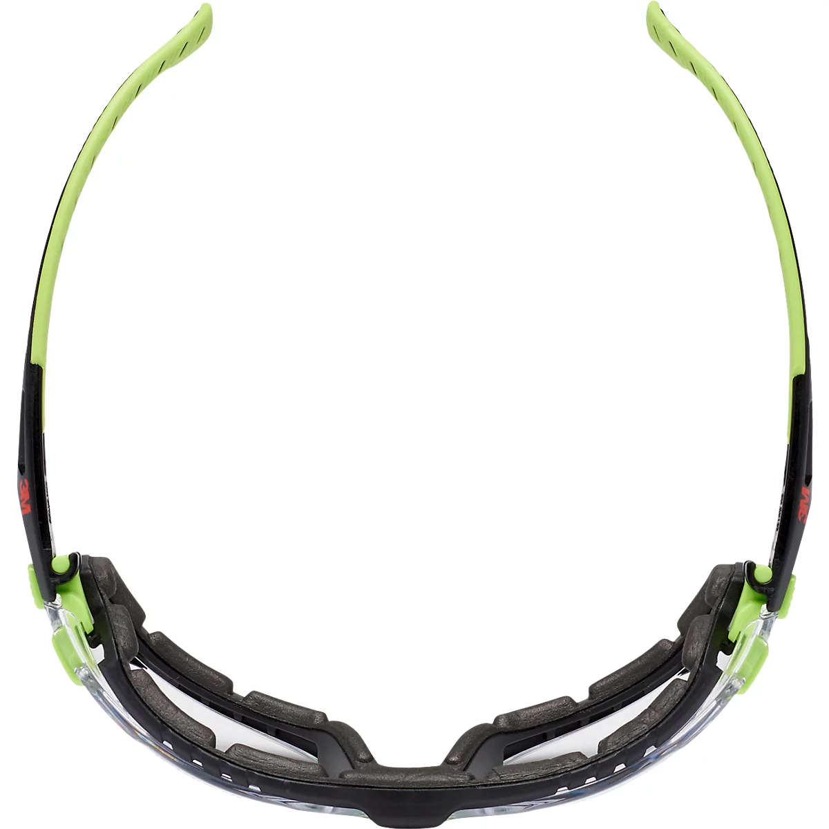 Sportbrille mit grünen Bügeln, schwarzem Rahmen und weißem Innenfutter. Draufsicht.