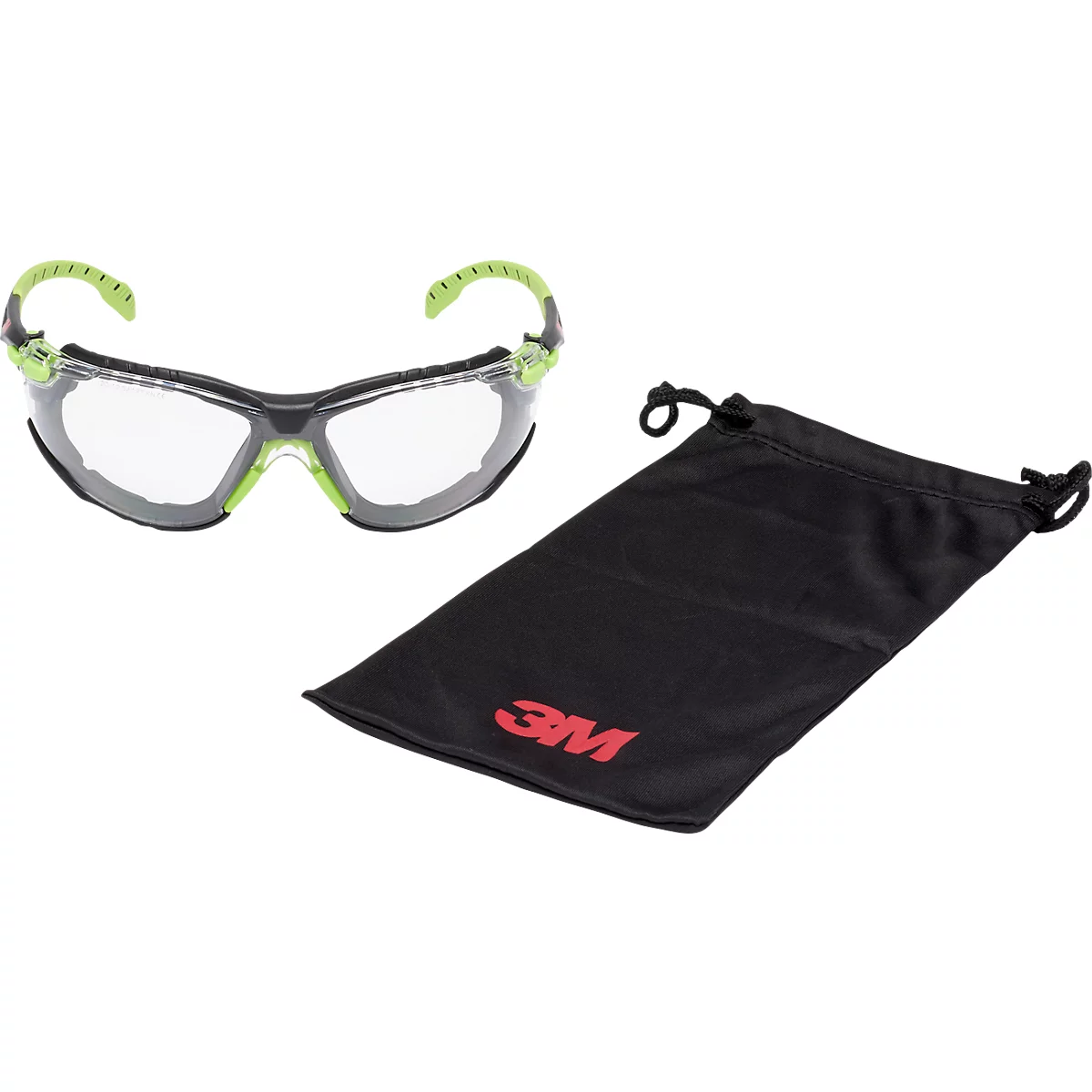 Schutzbrille mit grün-schwarzem Gestell und Etui mit 3M-Logo.