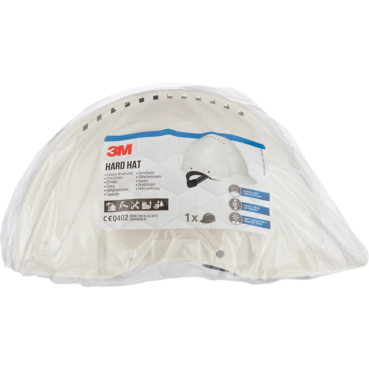 Weißer Schutzhelm, verpackt in Plastikfolie, mit 3M-Logo und "HARD HAT" Schriftzug.