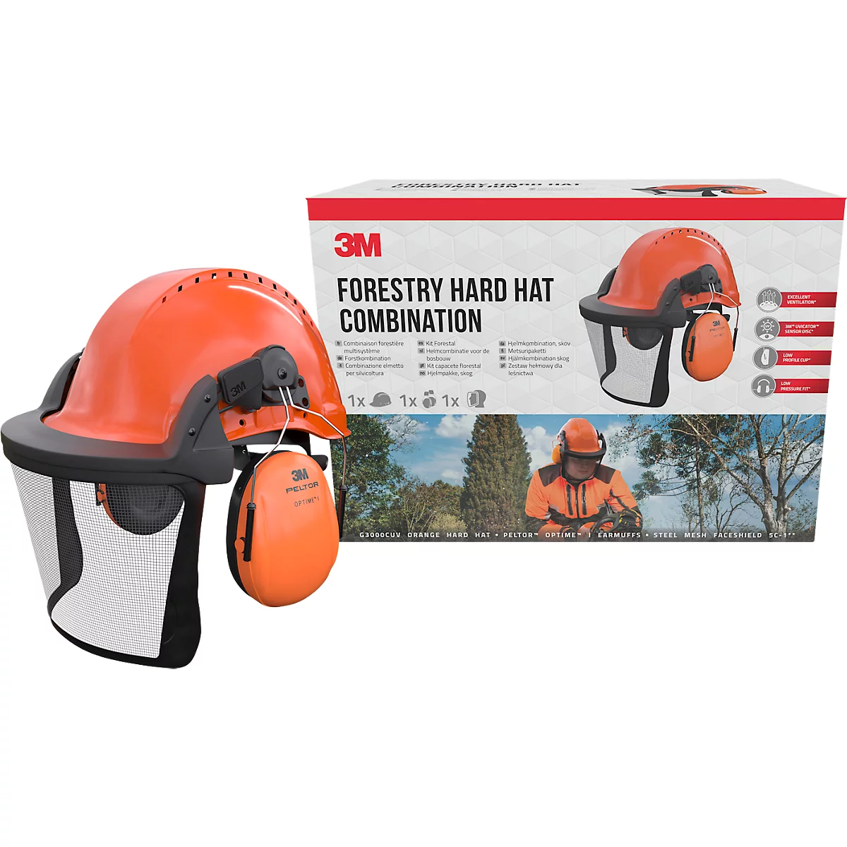 Oranger Forstschutzhelm mit Gehörschutz und Visier, daneben die Produktverpackung mit Abbildung.