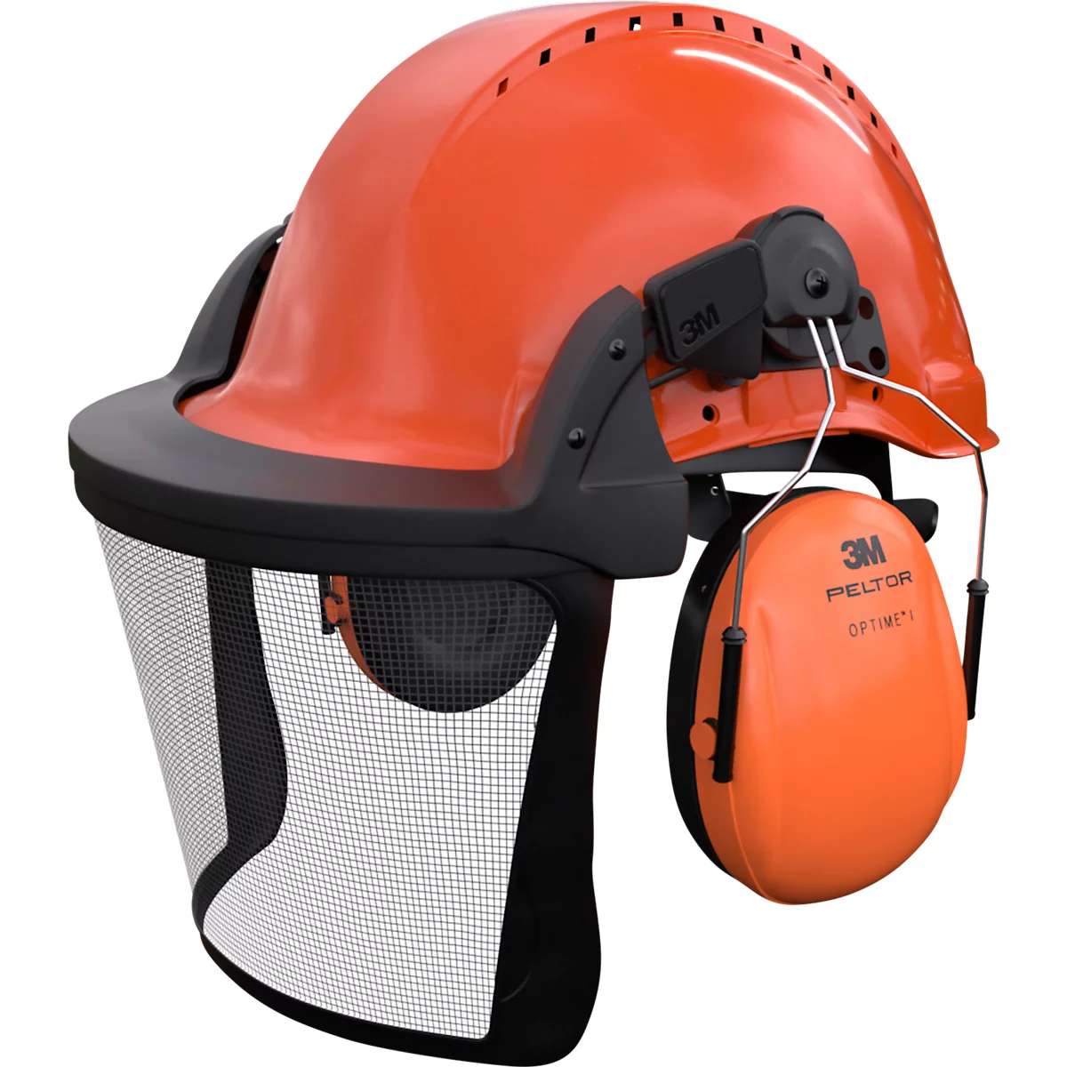 Oranger Schutzhelm mit Visier, Gehörschutz und 3M Logo.