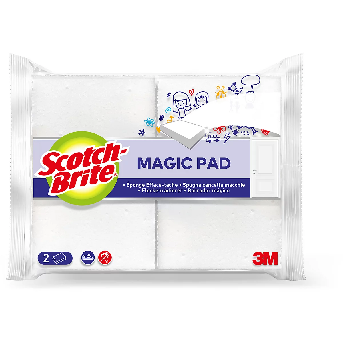 Verpackung mit zwei weißen Scotch-Brite Magic Pads. Aufschrift: Scotch-Brite Magic Pad, 3M.