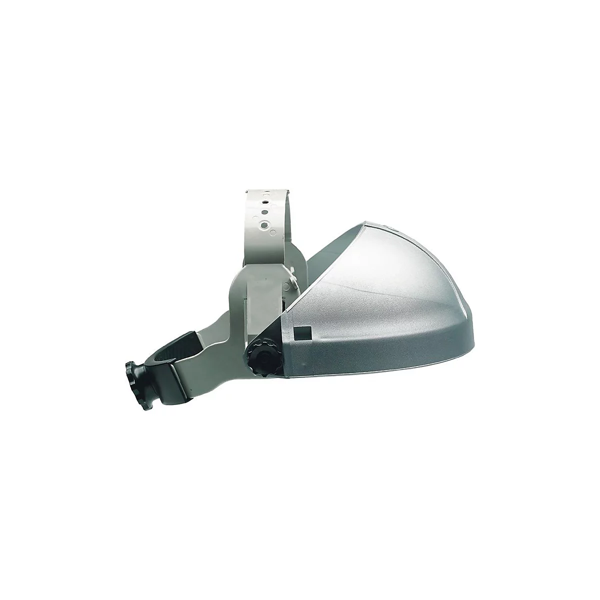 Support de tête gris pour un casque de sécurité au travail, avec molettes de réglage et une visière.