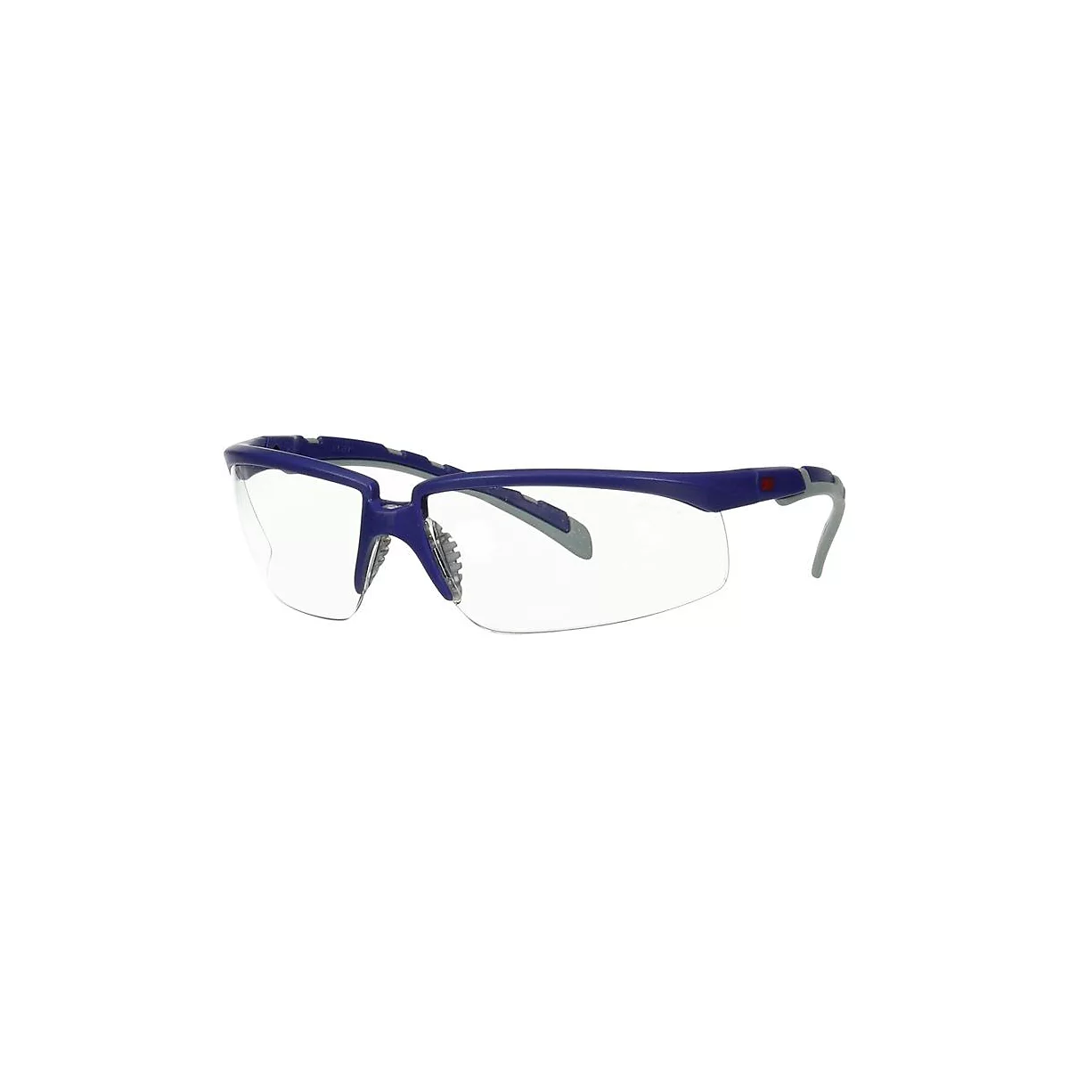 Blauwe veiligheidsbril met transparante glazen. De poten zijn blauw, de glazen zijn helder en er zijn kleine grijze accenten te zien.