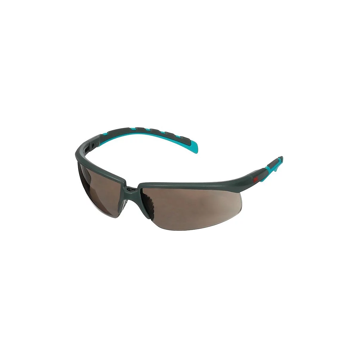 Veiligheidsbril met bruine lenzen, grijze monturen en turquoise accenten.