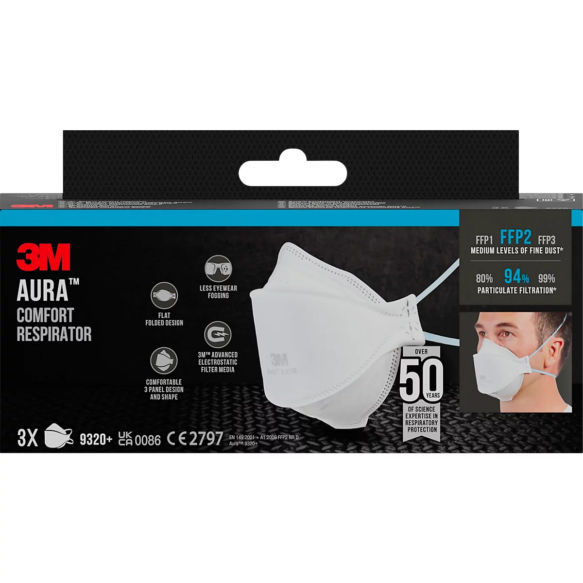 Witte 3M Aura ademhalingsmasker, productverpakking met diagrammen en een persoon die het masker draagt.