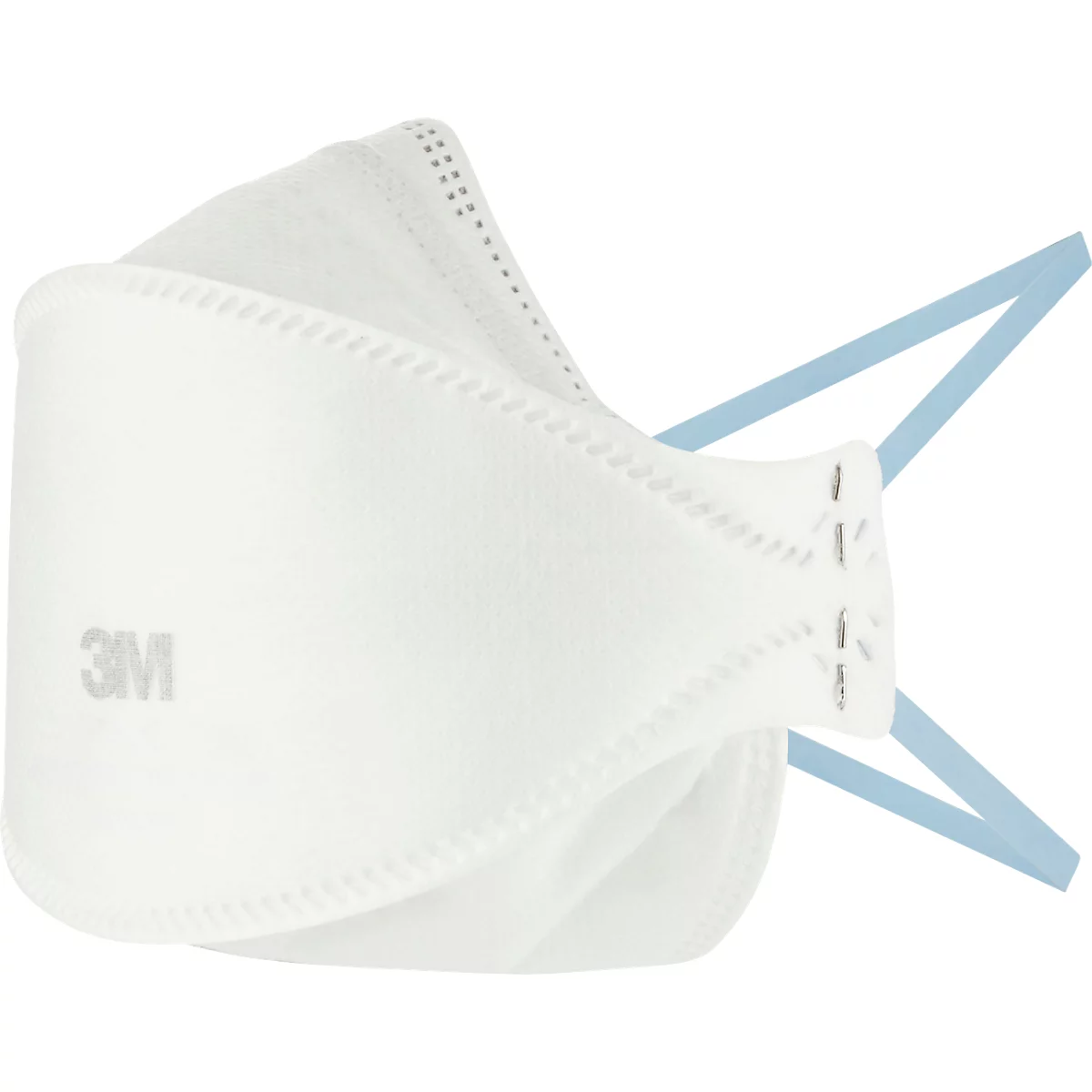 Witte 3M-ademhalingsmasker met blauwe elastische band. Het 3M-logo is zichtbaar op de voorkant.