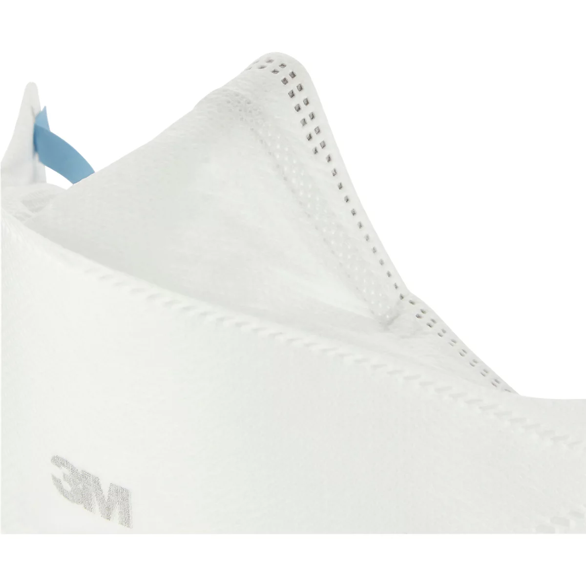 Close-up van een wit ademhalingsmasker. Het 3M-logo is zichtbaar.