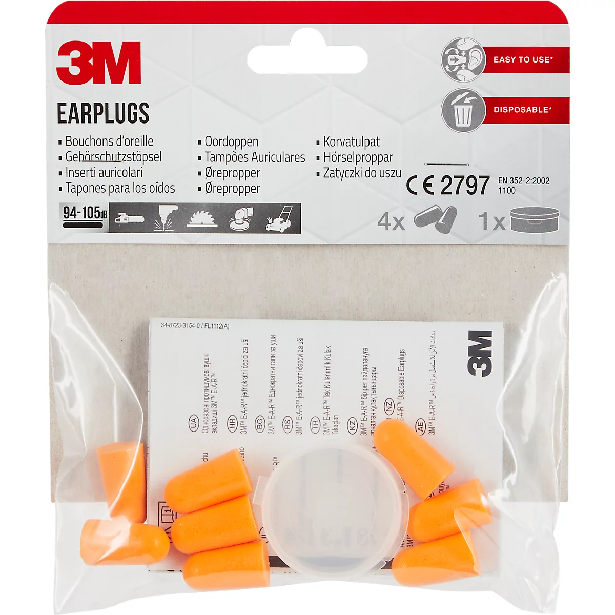 Oranje oordopjes en accessoires in een transparante plastic verpakking met rode en witte productlabels. Opschrift: 3M Earplugs.