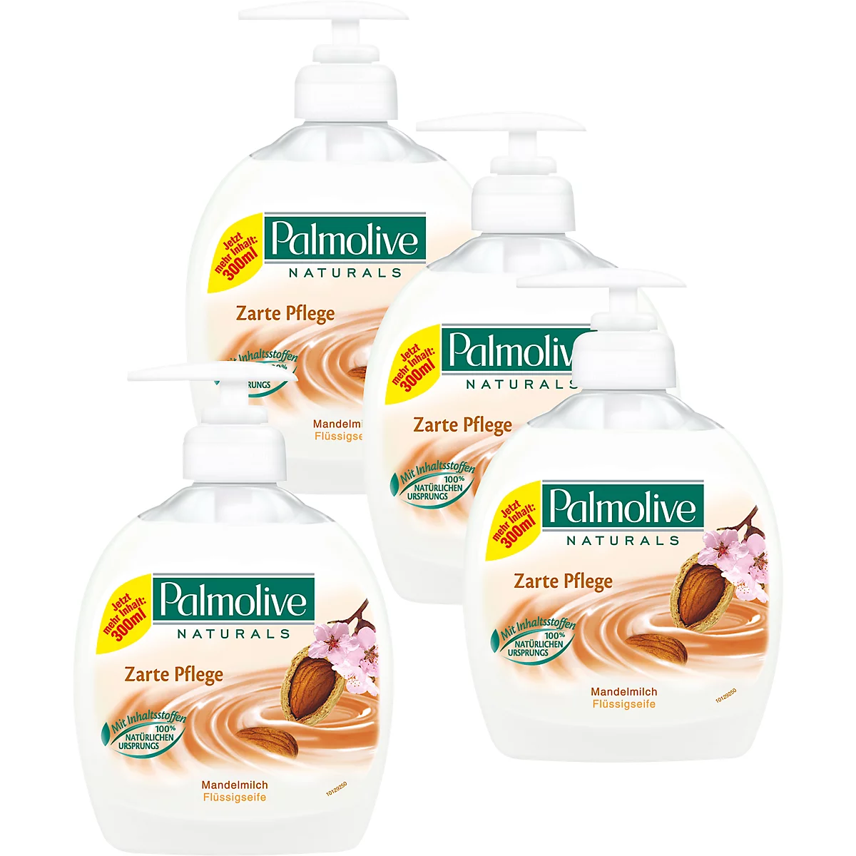 Vier Flaschen Palmolive Seife. Aufschrift: Zarte Pflege. Mandelmich und Fliederblüten.