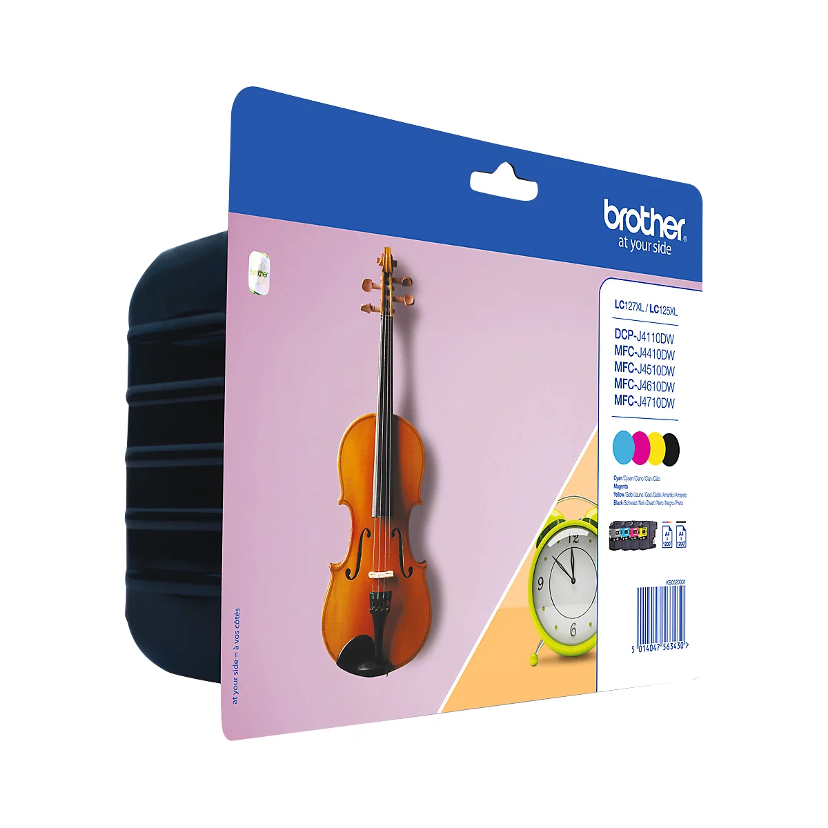 Emballage de cartouche d'encre avec un violon et une horloge verte sur fond rose, avec le logo "brother".