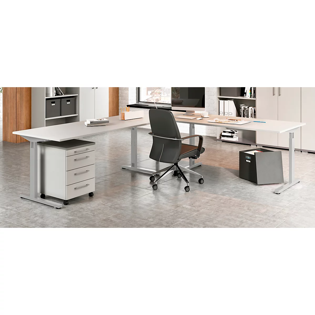 4-delige kantoormeubelset Profi 2.0, bureau/hoekcombinatie, incl. verrijdbare ladeblok met 4 laden, zilver/graphite/lichtgrijs