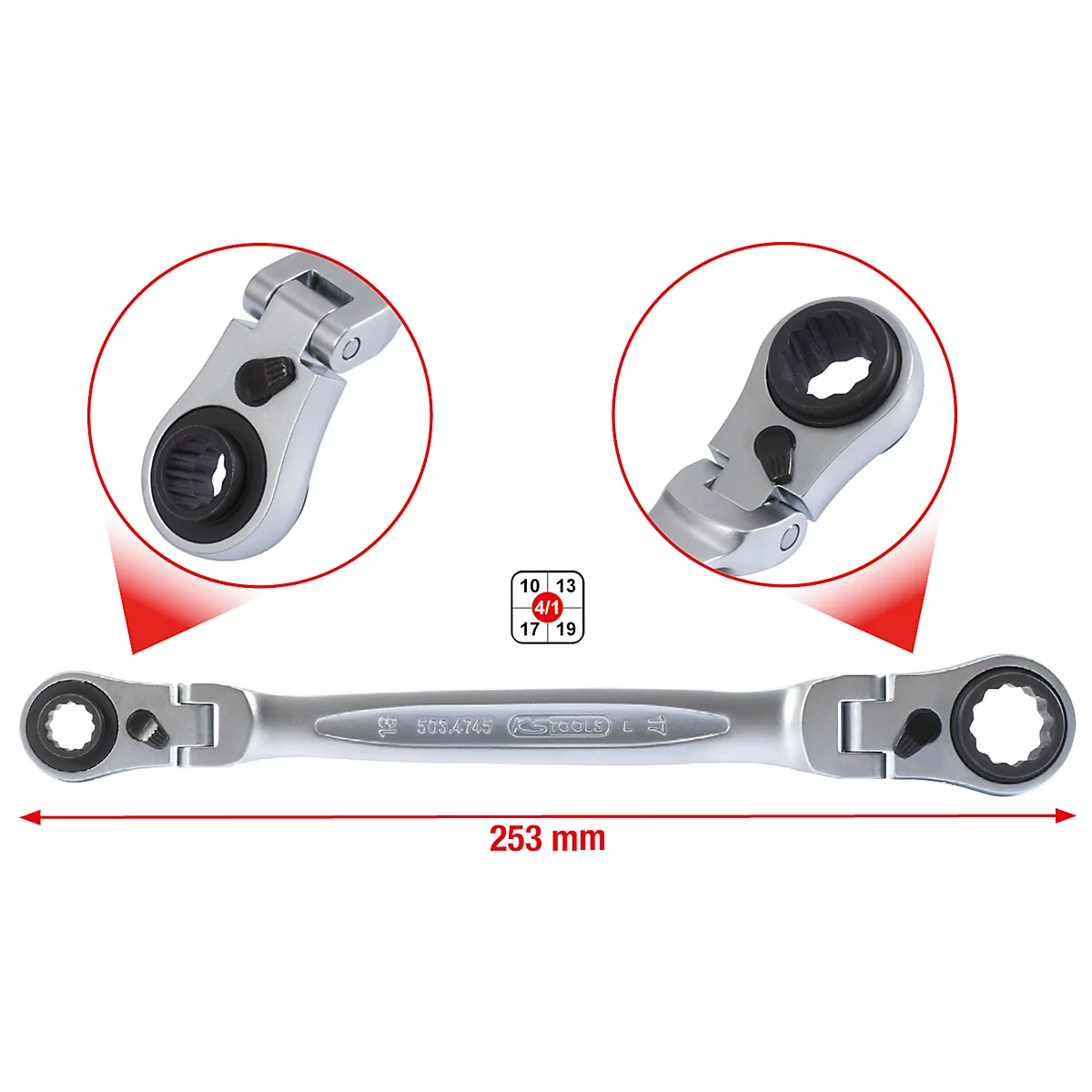 Verstellbarer Ratschenschlüssel aus Metall mit Maßangabe 253 mm. Details der Gelenke und der Größen 4/1.