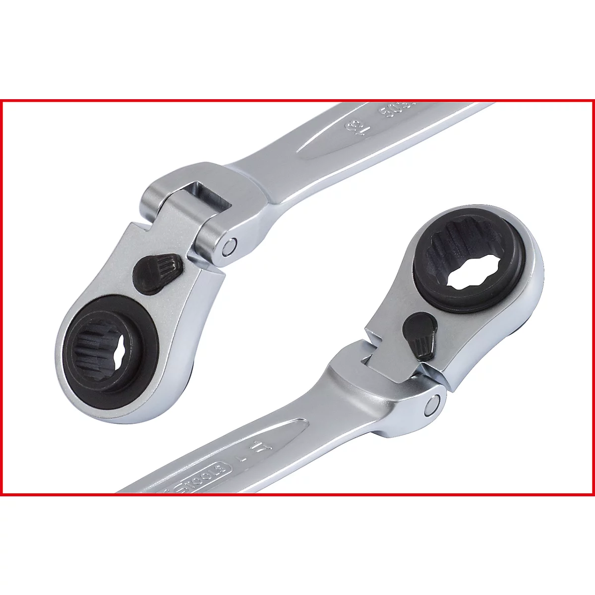 Zwei silberne Ratschenschlüssel, teilweise abgebildet, mit schwarzem Drehknopf und Kopf, auf rotem Hintergrund.