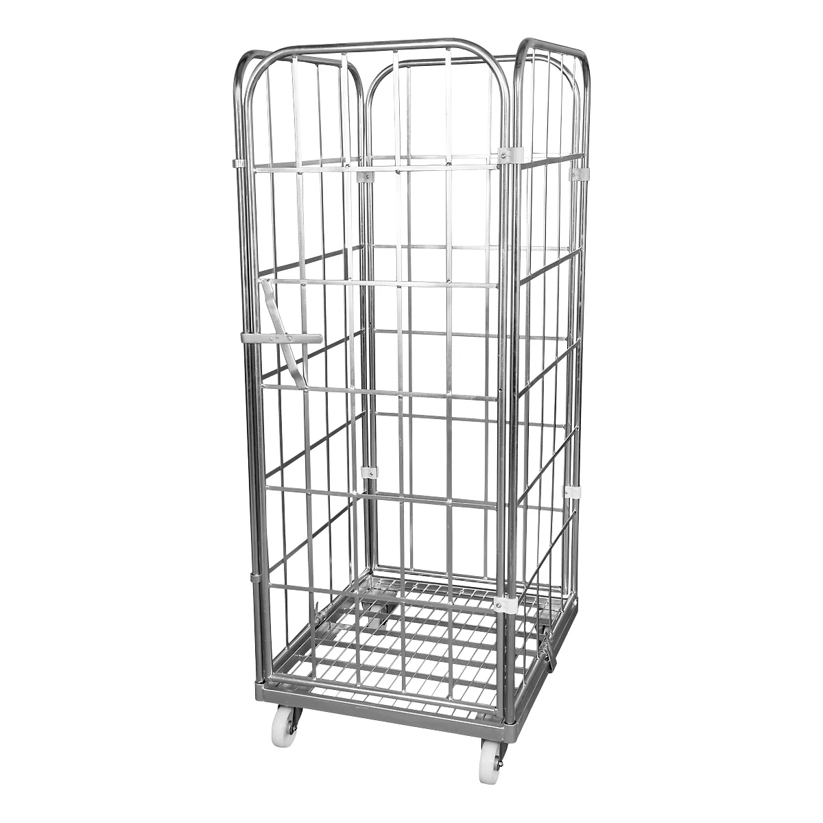 Metal roll container. Grid structure, with castors and handle bars. The sides can be closed with doors.