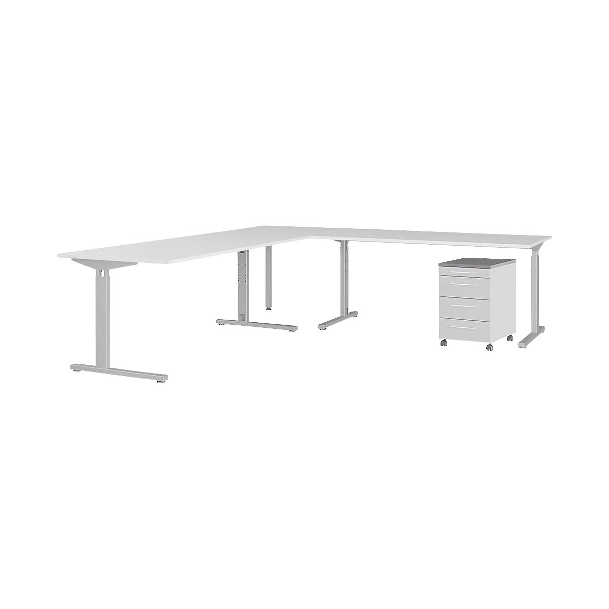 4-tlg. Büromöbelset Profi 2.0, Schreibtisch-Winkelkombination, inkl. Rollcontainer mit 4 Schubladen, silber/graphit/lichtgrau