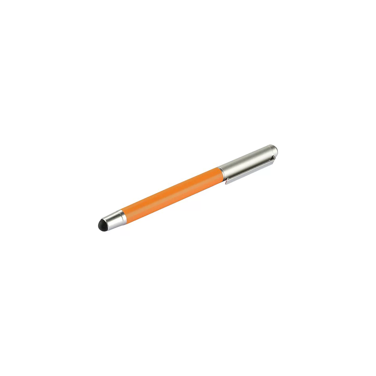 Orangefarbener Kugelschreiber mit silberner Kappe und schwarzer Eingabespitze auf weißem Grund.