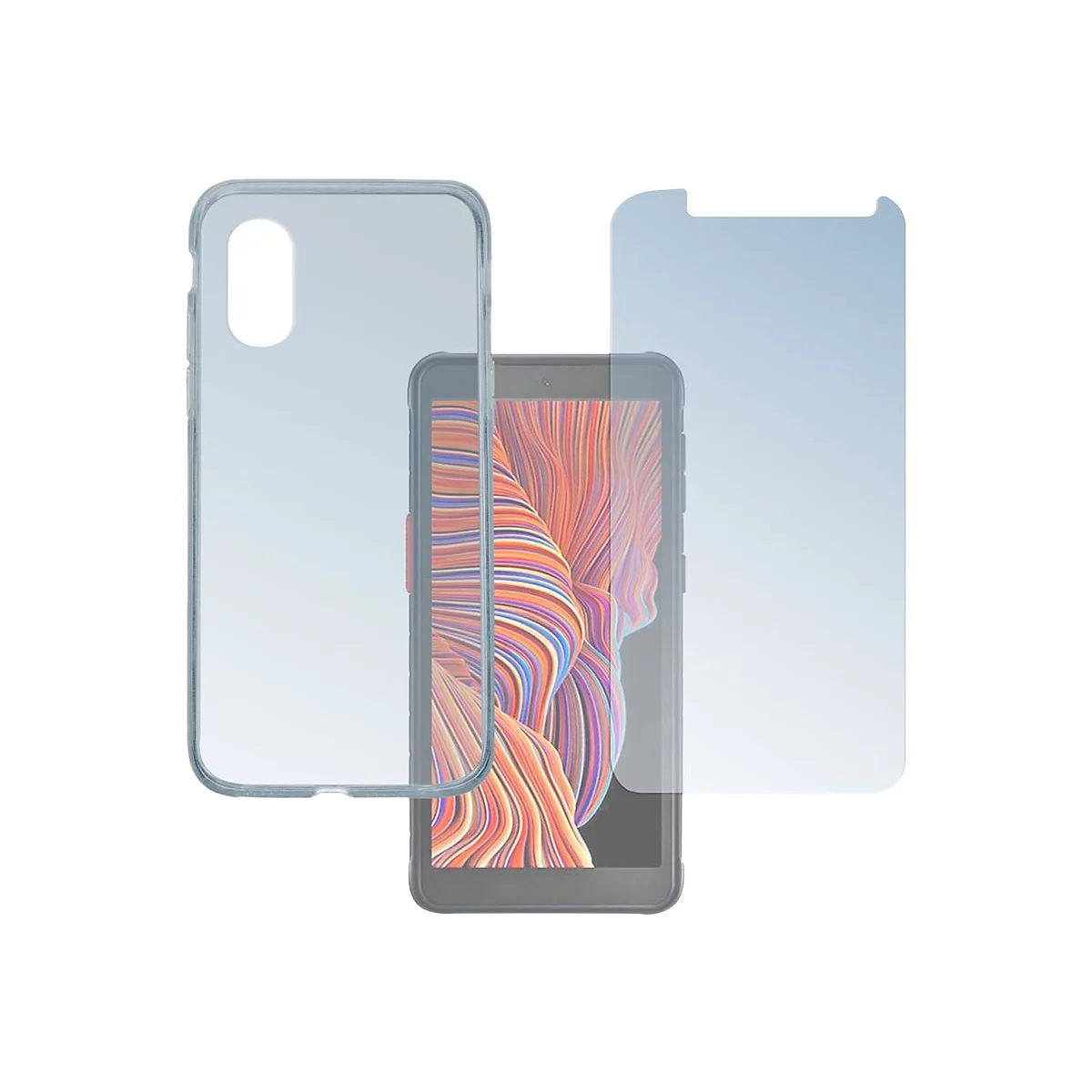 Smartphone mit transparenter Schutzhülle und Displayschutzfolie vor weißem Hintergrund.