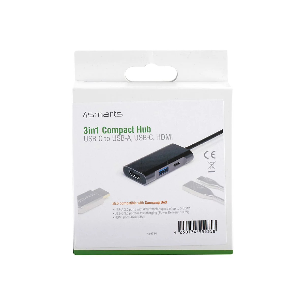 Ein 3in1 Compact Hub von 4smarts in einer weißen Verpackung. Das Produkt hat USB-C, USB-A und HDMI Anschlüsse.