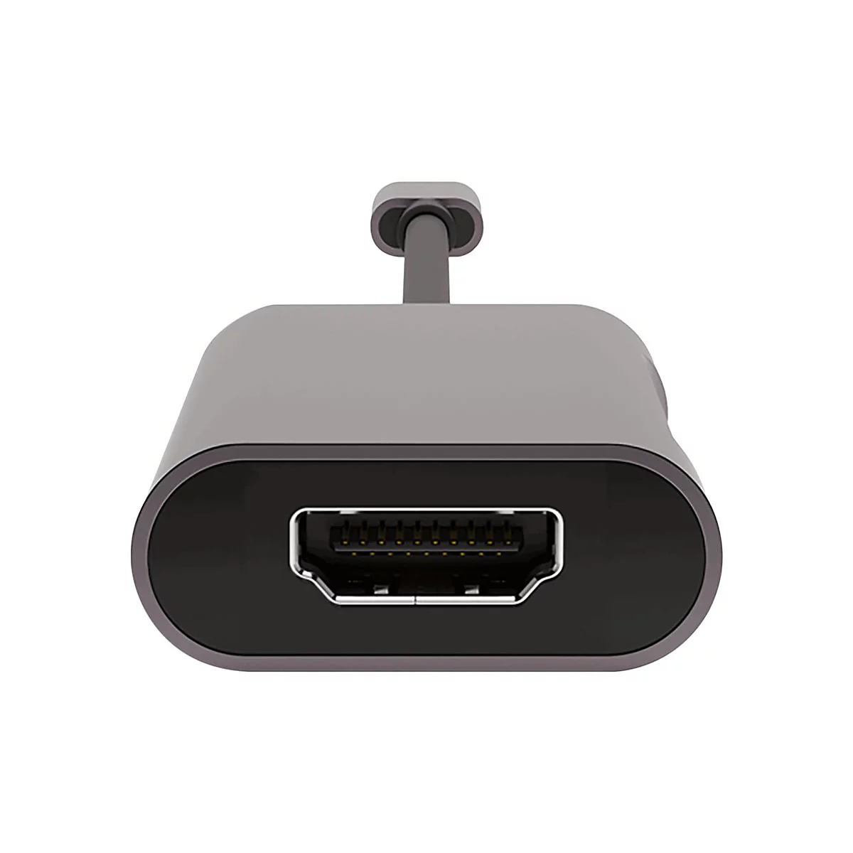 Grauer HDMI-Adapter, rechteckig, mit einem Anschluss.