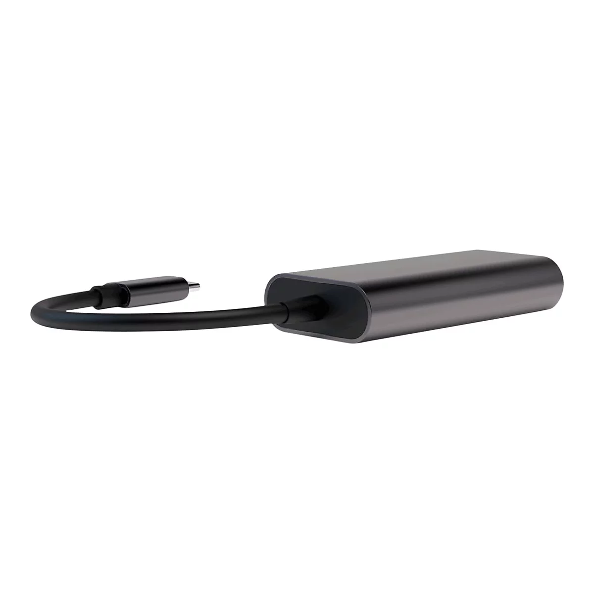 Grauer USB-C-Adapter mit schwarzem Kabel auf weißem Hintergrund.