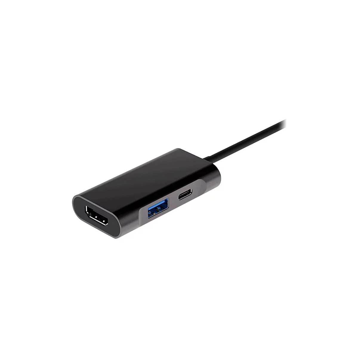 Schwarzer USB-C-Adapter mit HDMI- und USB-Anschlüssen; ein schwarzes Kabel führt weg.