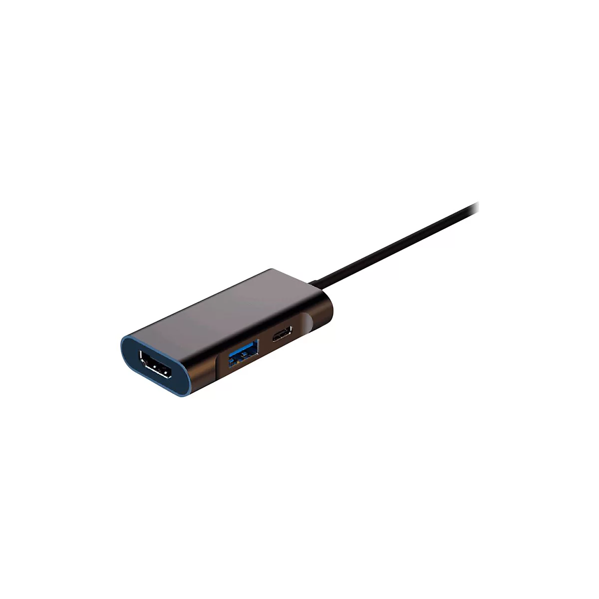 Grauer, rechteckiger USB-C-Adapter mit HDMI- und USB-Anschlüssen. Schwarzes Kabel ist angeschlossen.