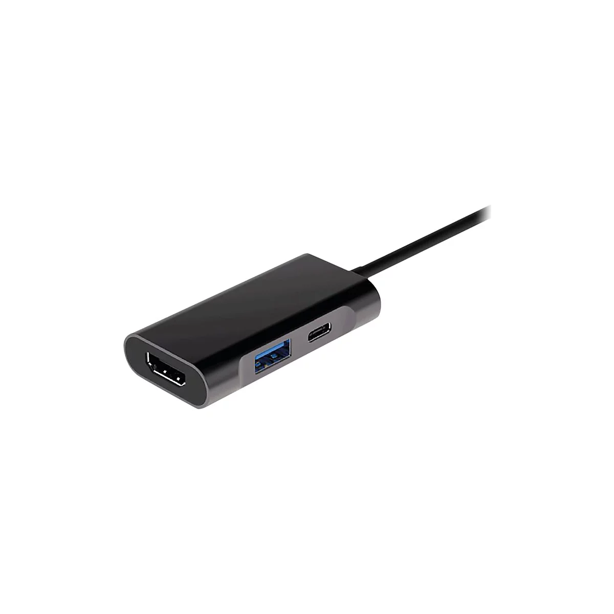 Ein schwarzer USB-C-Hub mit HDMI-, USB- und USB-C-Anschlüssen; ein Kabel führt ab.