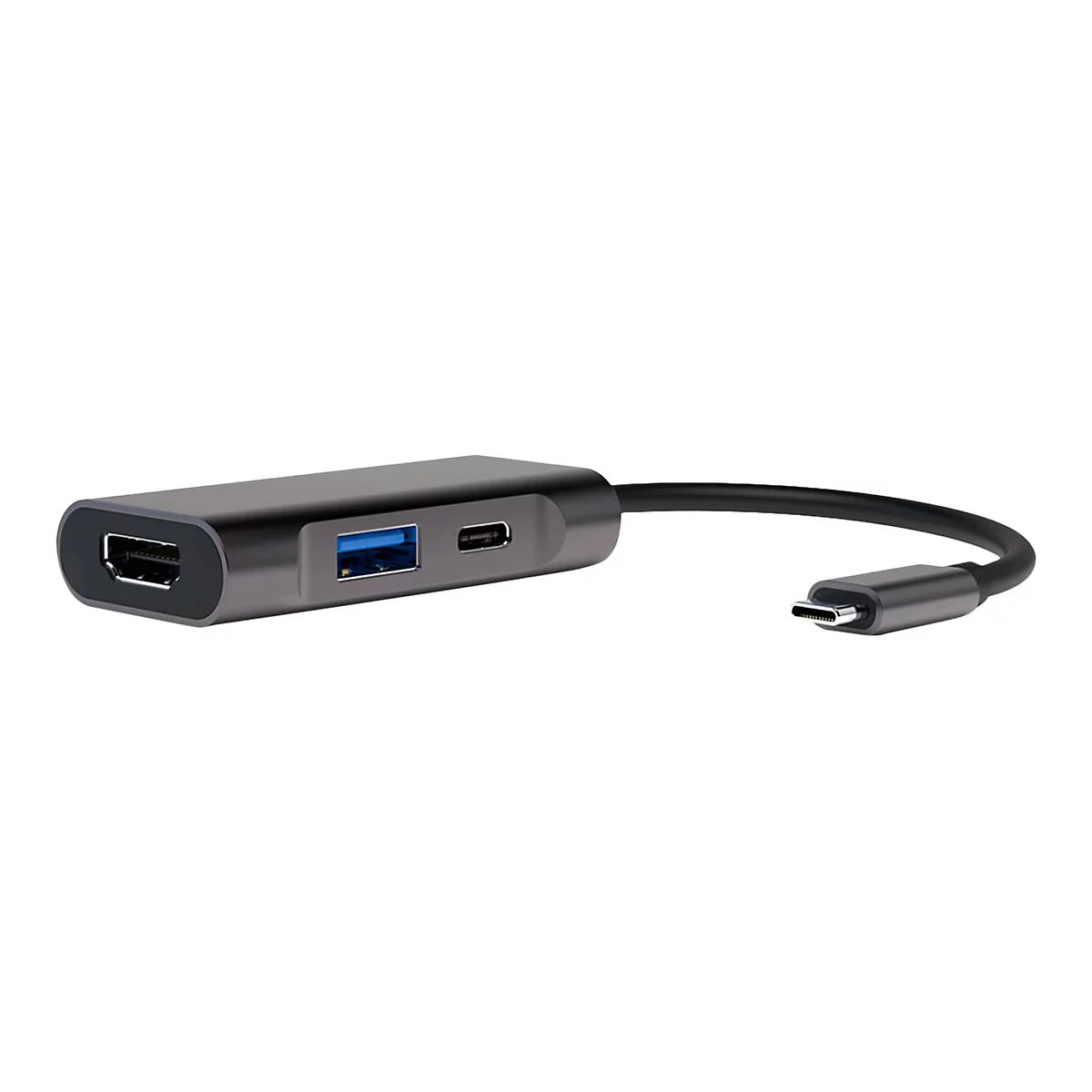 Grauer USB-C-Hub mit HDMI, USB 3.0 und USB-C-Anschlüssen, schwarzes Kabel mit Stecker.