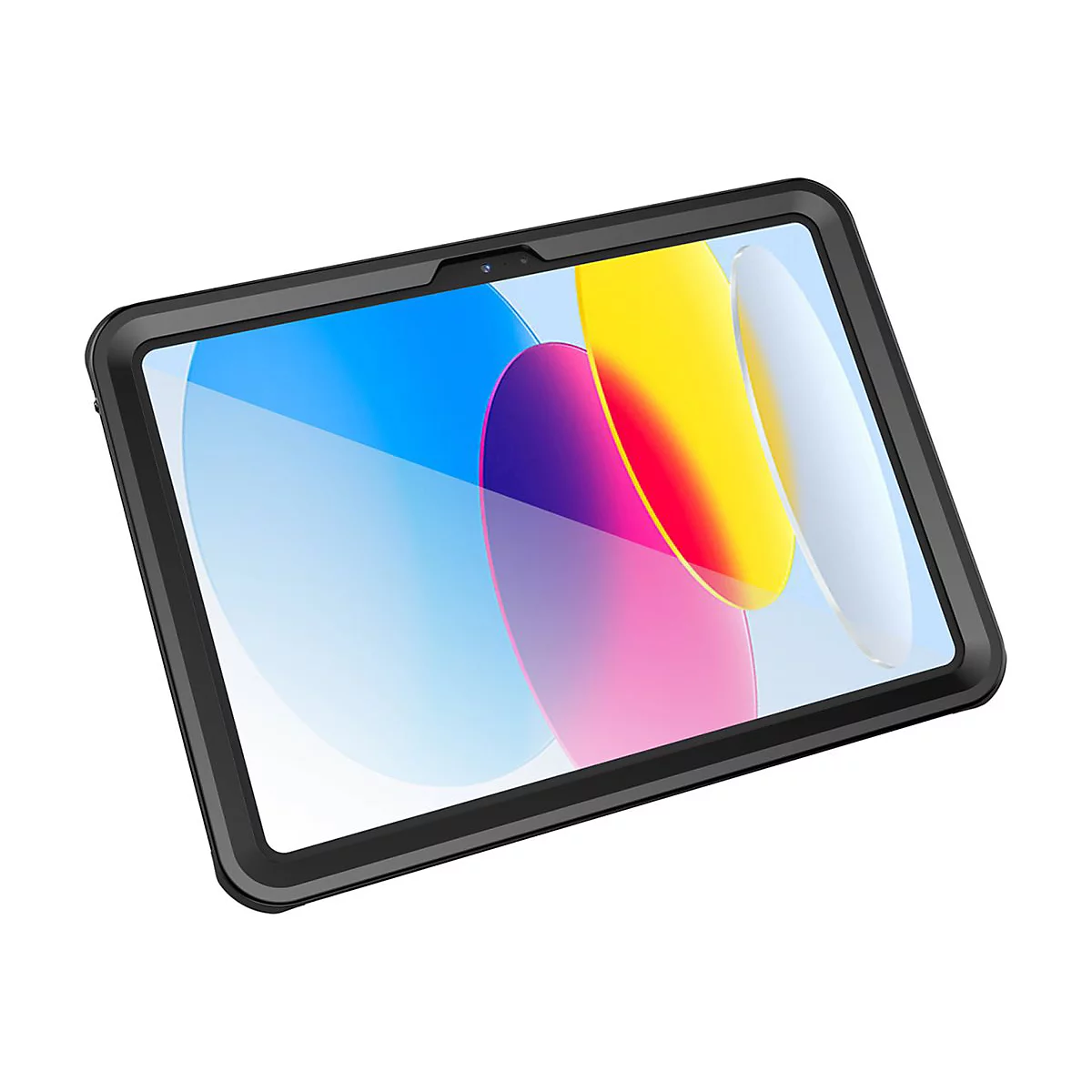 Schwarzes Tablet mit Schutzhülle und abstraktem, buntem Hintergrund auf dem Display.