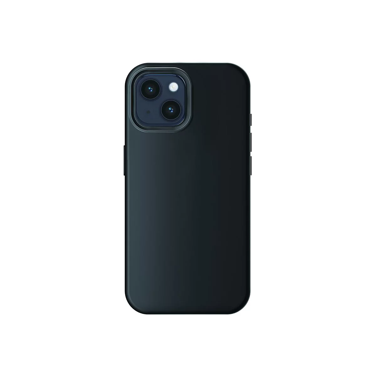 Schwarzes Smartphone mit Schutzhülle vor neutralem weißem Hintergrund.