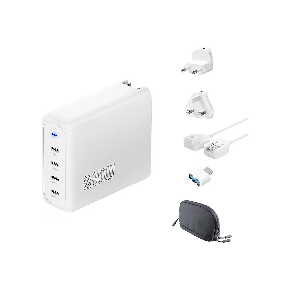 Weißes 200W GaN-Ladegerät mit vier USB-C-Ports und Zubehör wie Steckeradapter und einer Aufbewahrungstasche.