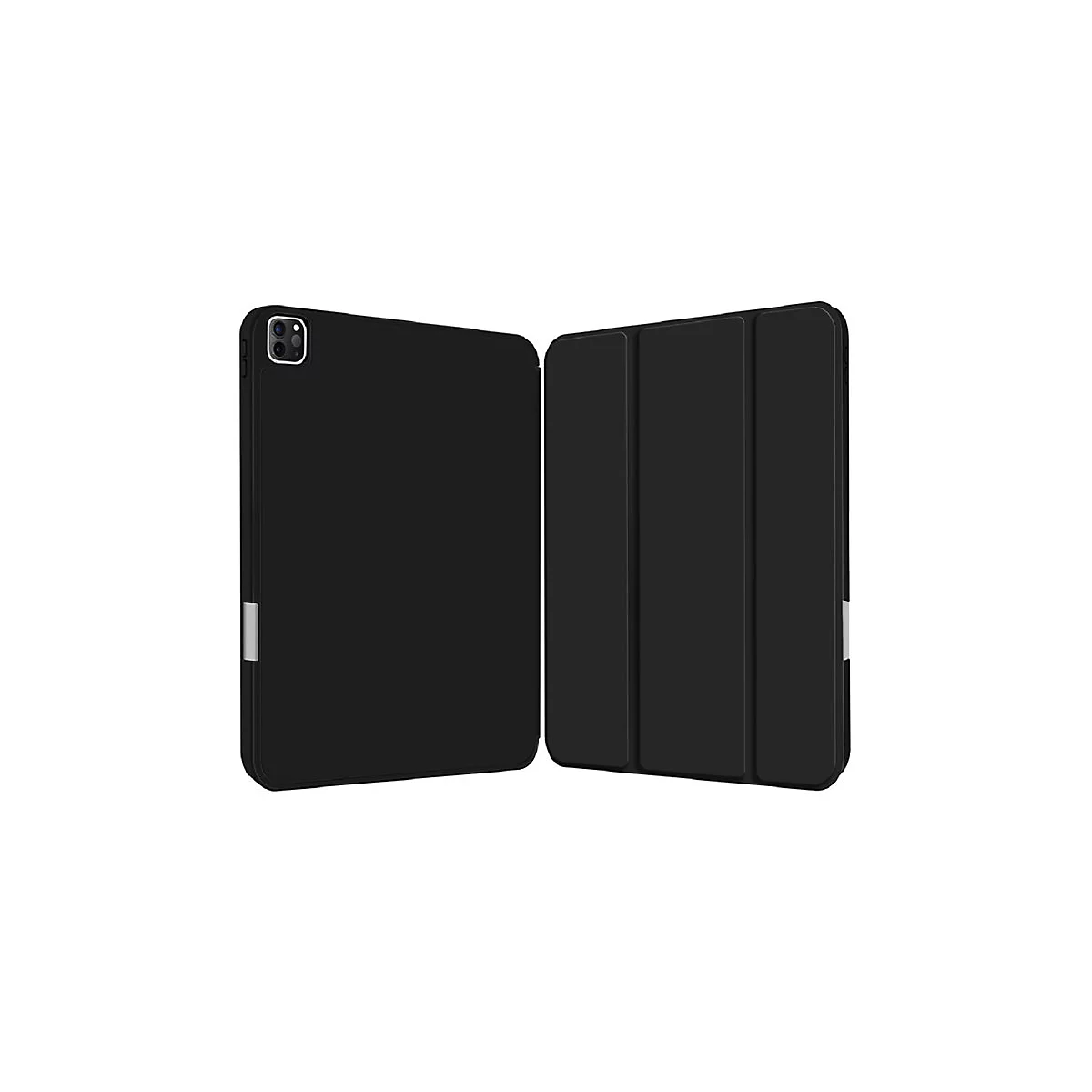 Schwarzes Tablet-Schutzcover mit magnetischer Vorderklappe vor weißem Hintergrund.