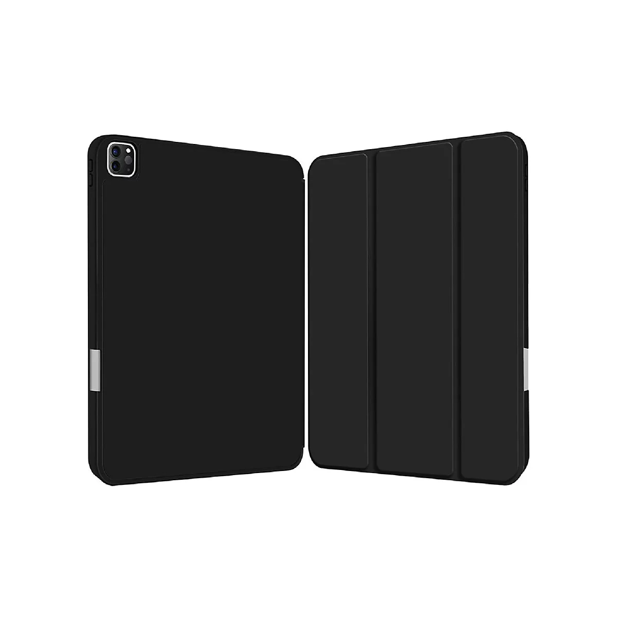 Schwarzes Tablet-Schutzcover mit klappbarem Vorderteil vor weißem Hintergrund.