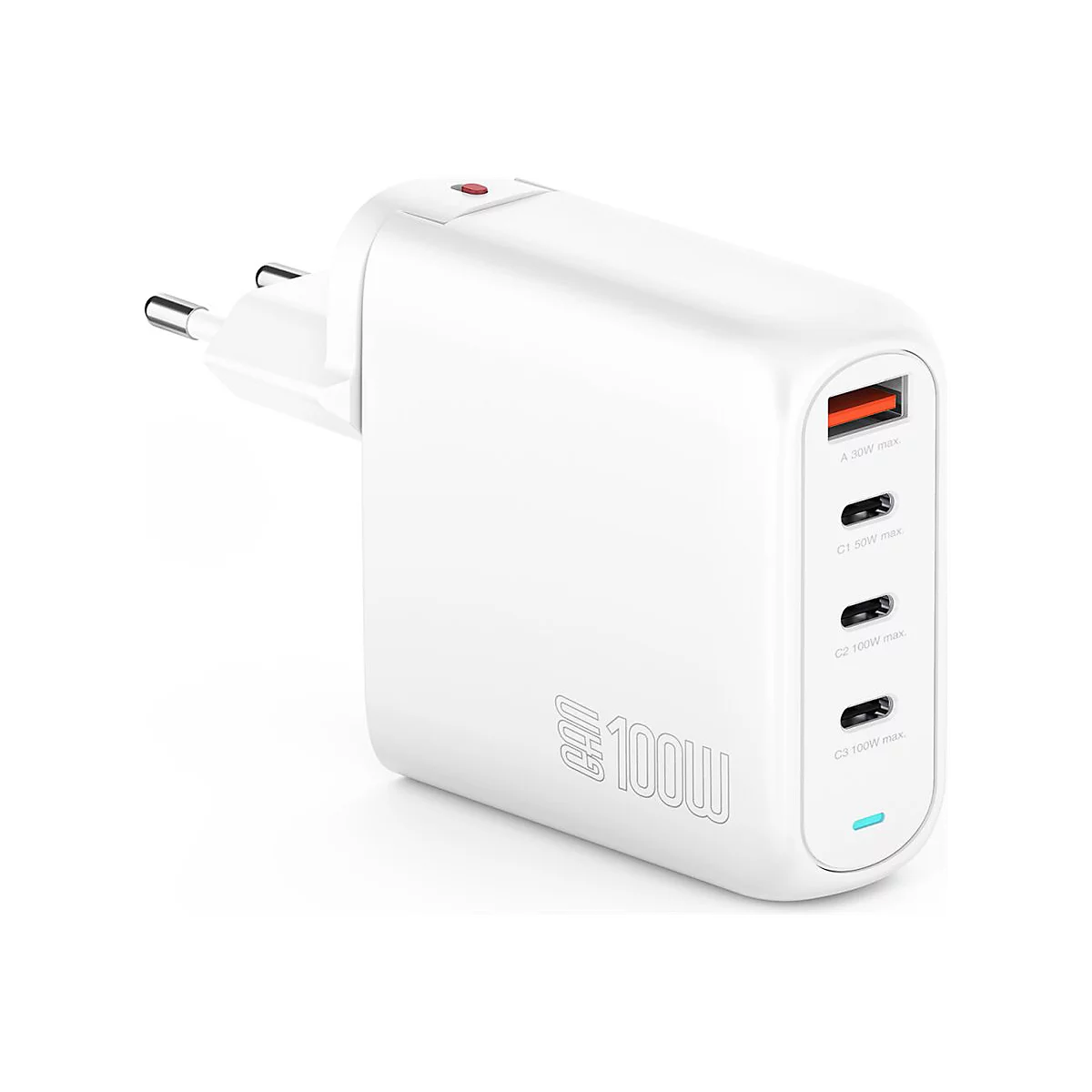 Weißes 100W GaN-Ladegerät mit einem USB-A- und drei USB-C-Anschlüssen vor weißem Hintergrund.