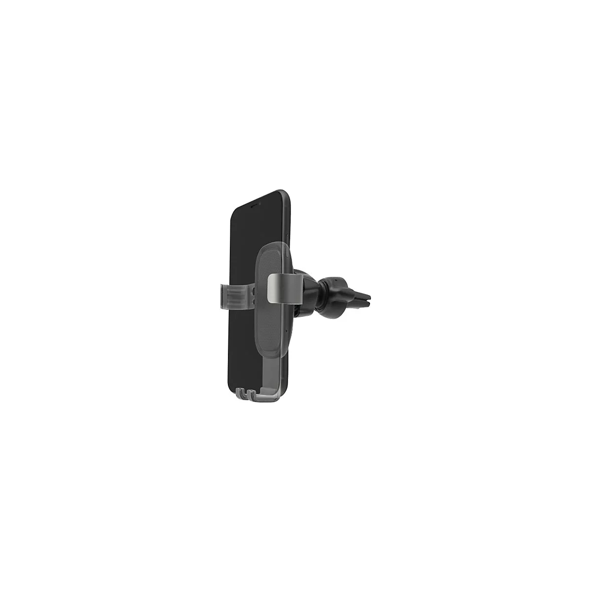 Schwarzes Smartphone in einer Auto-Handyhalterung, vor weißem Hintergrund.