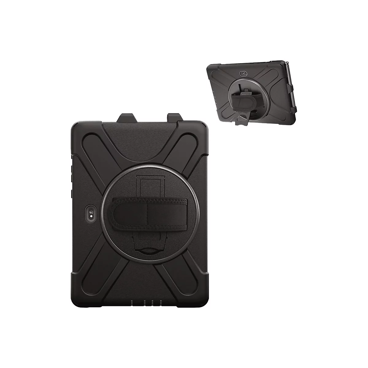 Schwarze Tablet-Schutzhülle mit drehbarer Handschlaufe und Ständer auf weißem Hintergrund.