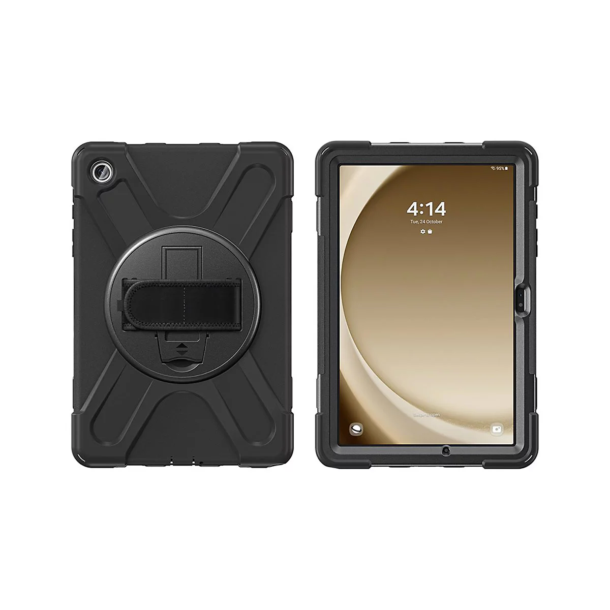 Schwarze Schutzhülle für Tablet mit Handschlaufe und Standfuß auf der Rückseite und Tablet-Ansicht von vorne.