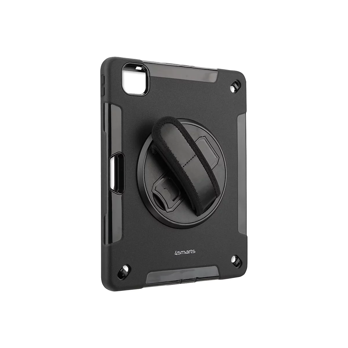 Schwarze 4smarts Schutzhülle für Tablets mit integriertem Drehmechanismus und Handschlaufe auf der Rückseite.