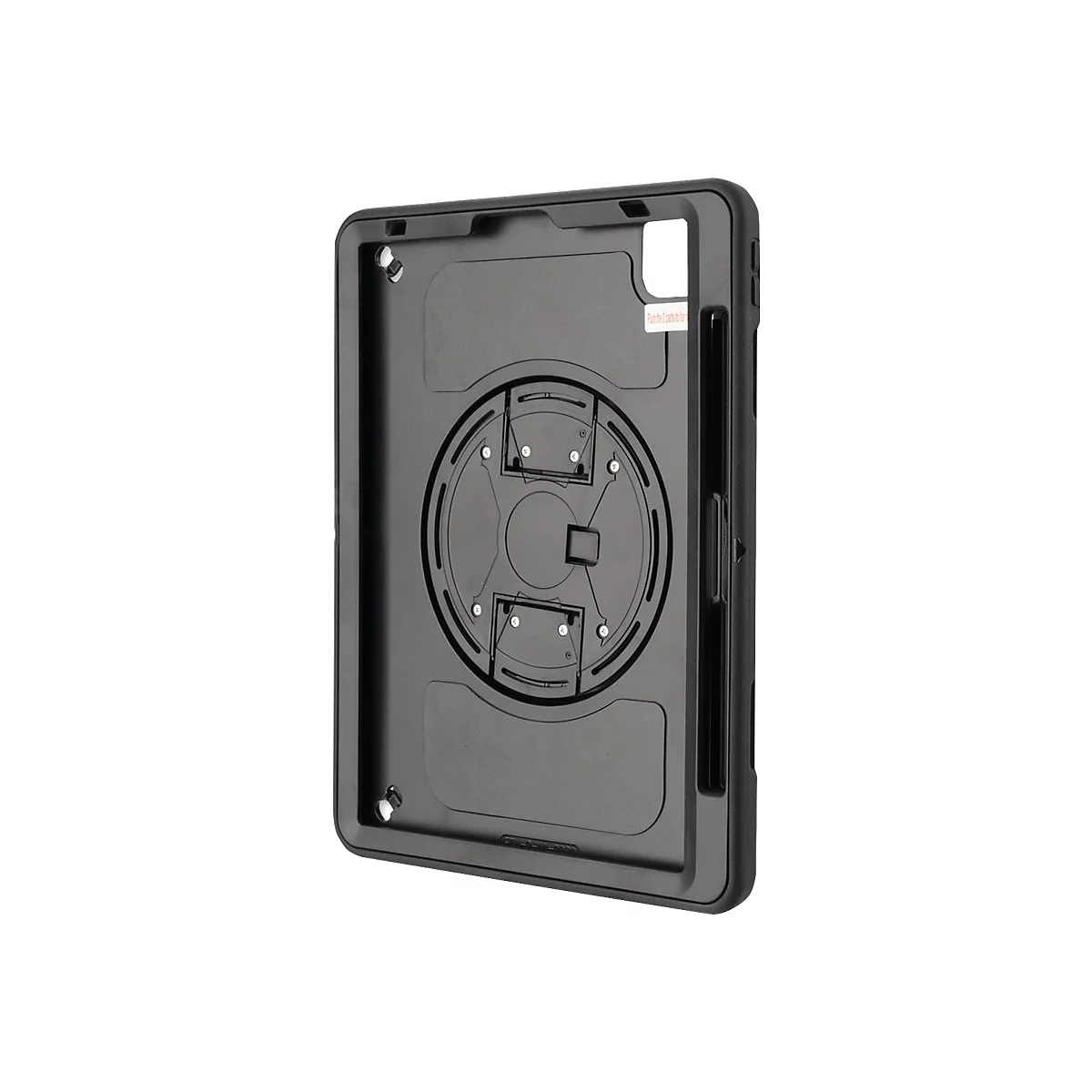 Schwarze, robuste Tablet-Schutzhülle mit integriertem Drehmechanismus auf der Rückseite vor weißem Hintergrund.