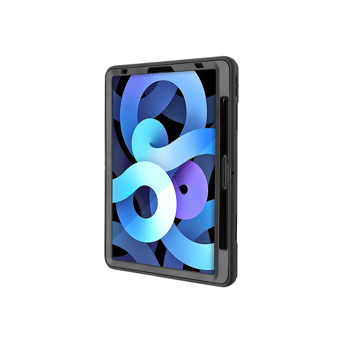 Schwarze Schutzhülle für ein Tablet mit blauem, abstraktem Hintergrund auf dem Display.