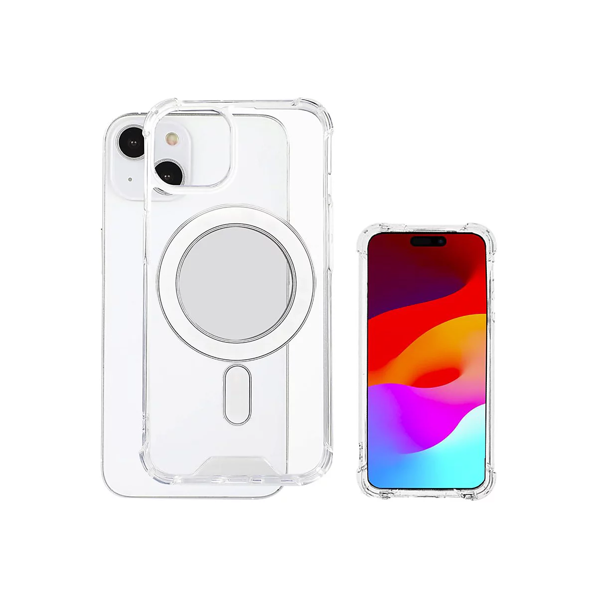 Transparente Handyhülle mit Magnetring, einmal separat und einmal auf einem Smartphone montiert.