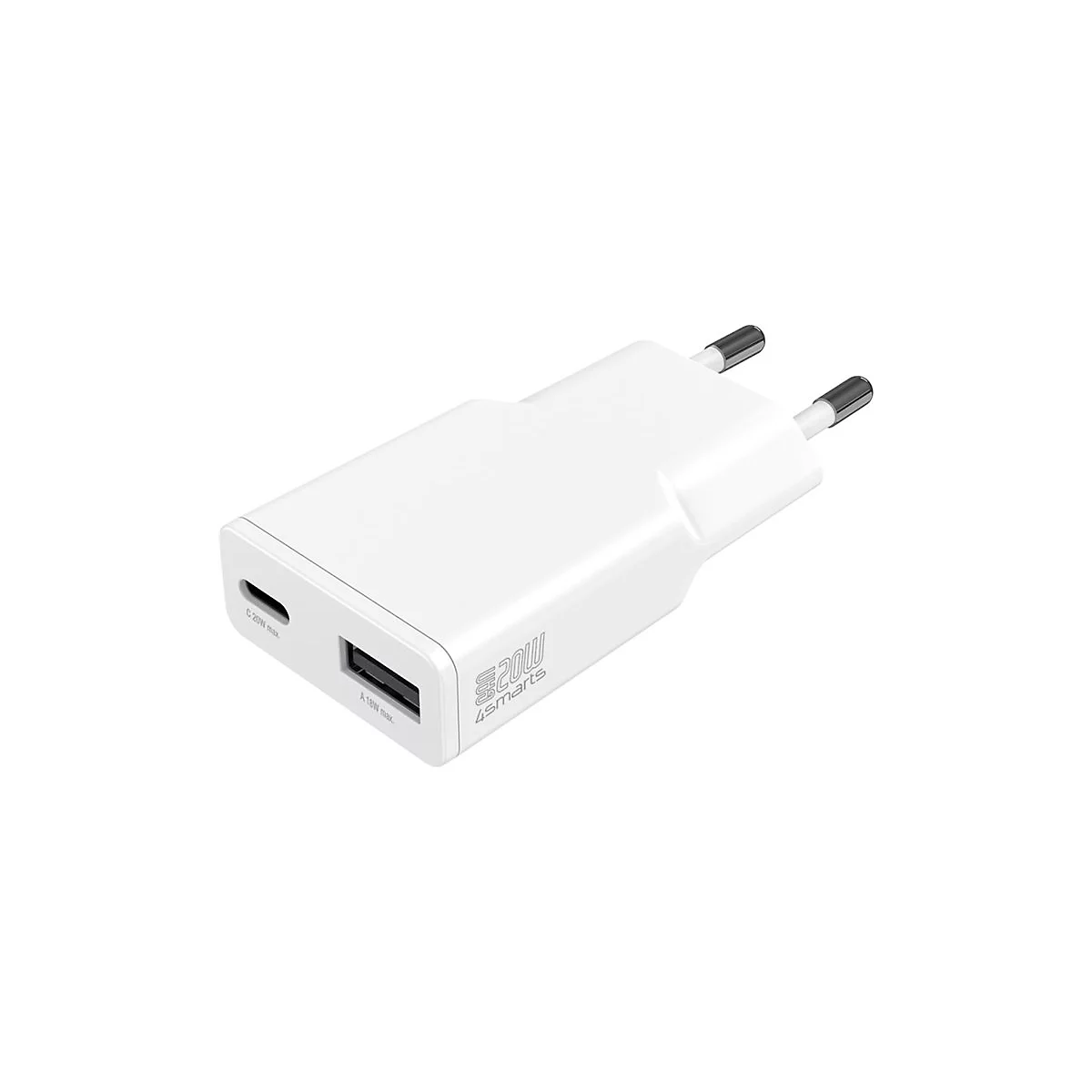 Weißes 4smarts Wandladegerät mit USB-C und USB-A Anschlüssen vor neutralem Hintergrund.
