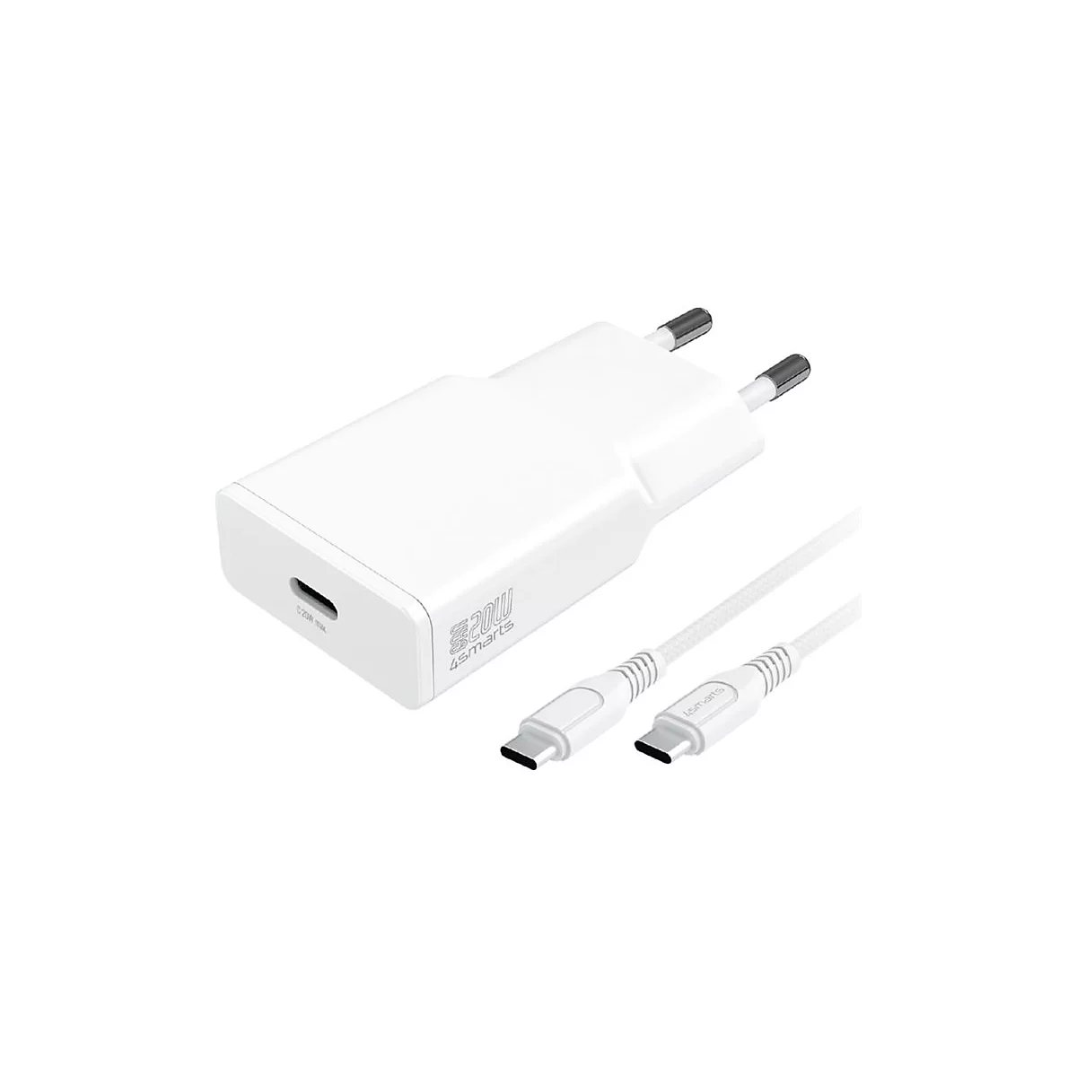 Weißes 20W USB-C Netzteil mit 4smarts Logo und passendem USB-C auf USB-C Ladekabel.