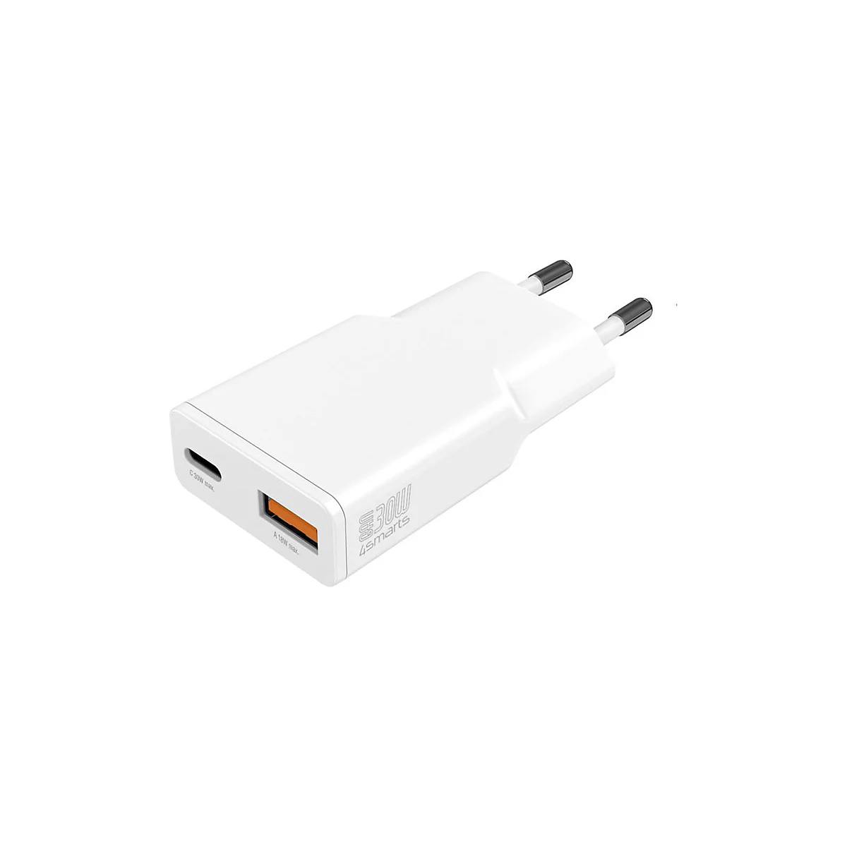 Weißer 4smarts GaN-Netzstecker mit USB-C und USB-A Anschluss auf weißem Hintergrund.