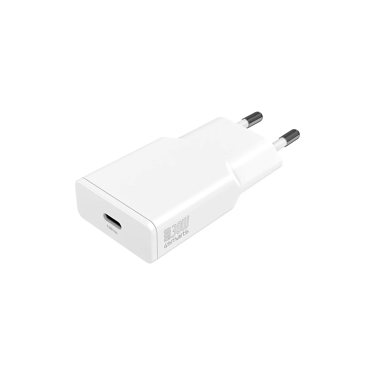 Weißes 4smarts GaN-Netzteil mit 30 Watt Leistung und USB-C-Anschluss vor neutralem Hintergrund.