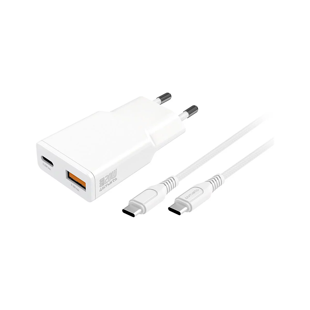 Weißes USB-Ladegerät mit USB-C und USB-A Anschluss sowie passendem USB-C Ladekabel auf weißem Grund.