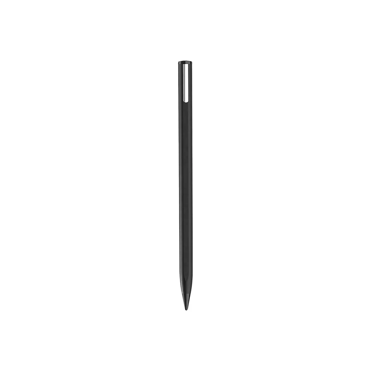 Schlanker, schwarzer Eingabestift mit Clip und spitzer Spitze vor weißem Hintergrund.