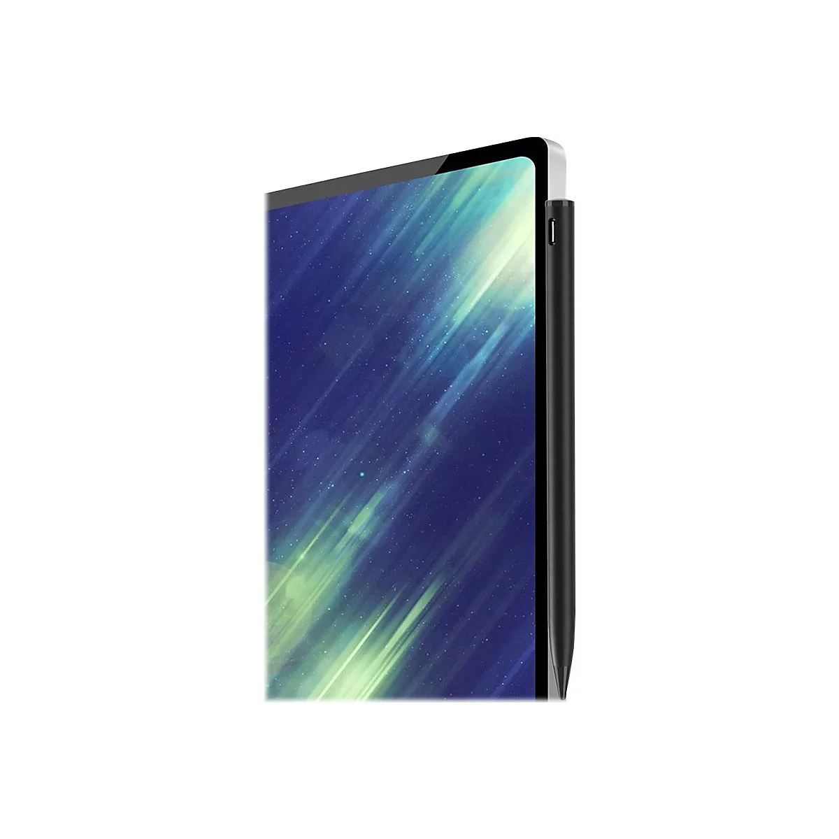 Ein Tablet mit Schutzhülle und magnetisch befestigtem Eingabestift vor weißem Hintergrund.